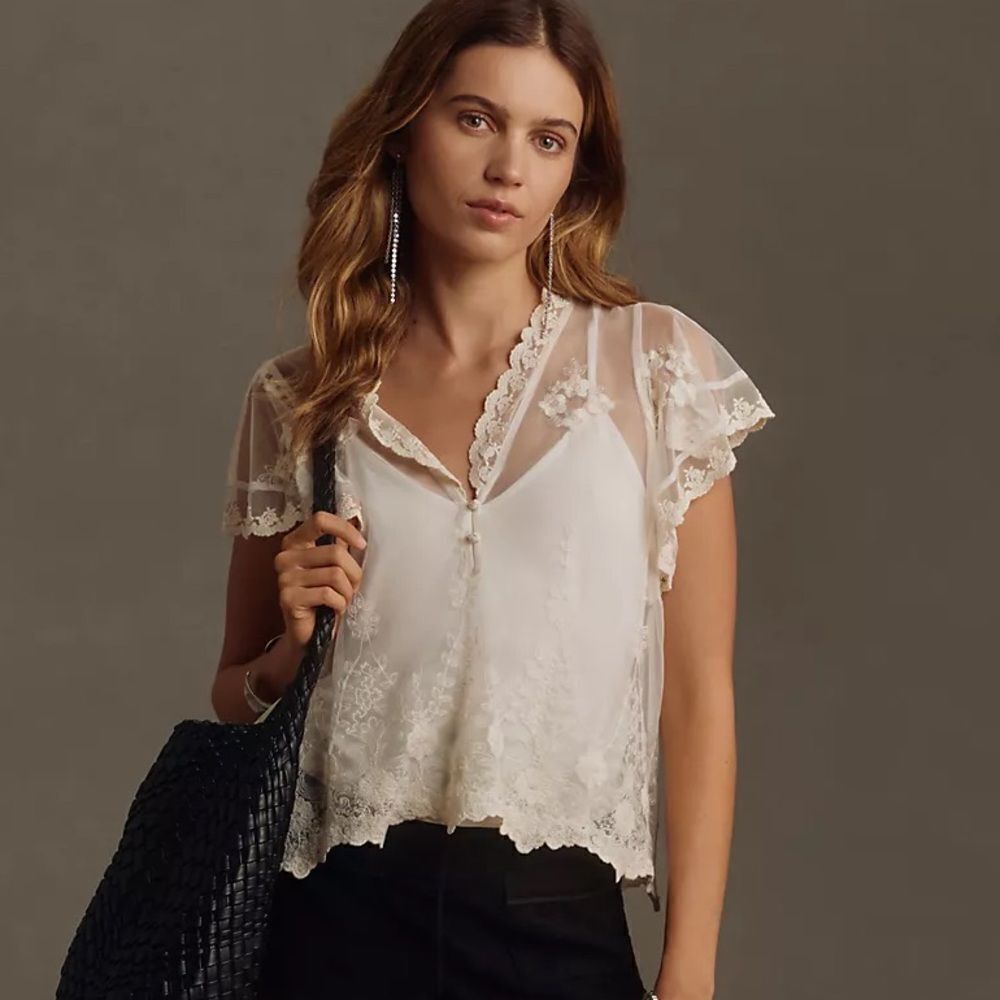 Anthropologie Sheer Lace-Trim Flutter Sleeve Blouse in Ivory